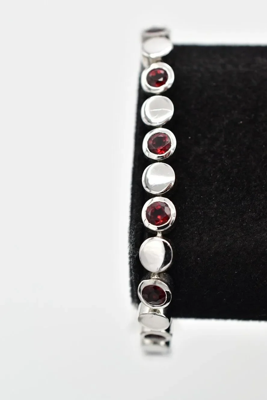 925 Sterling Silver Tennis Chain Bracelet Red Rhinestone Crystal Signed BinO